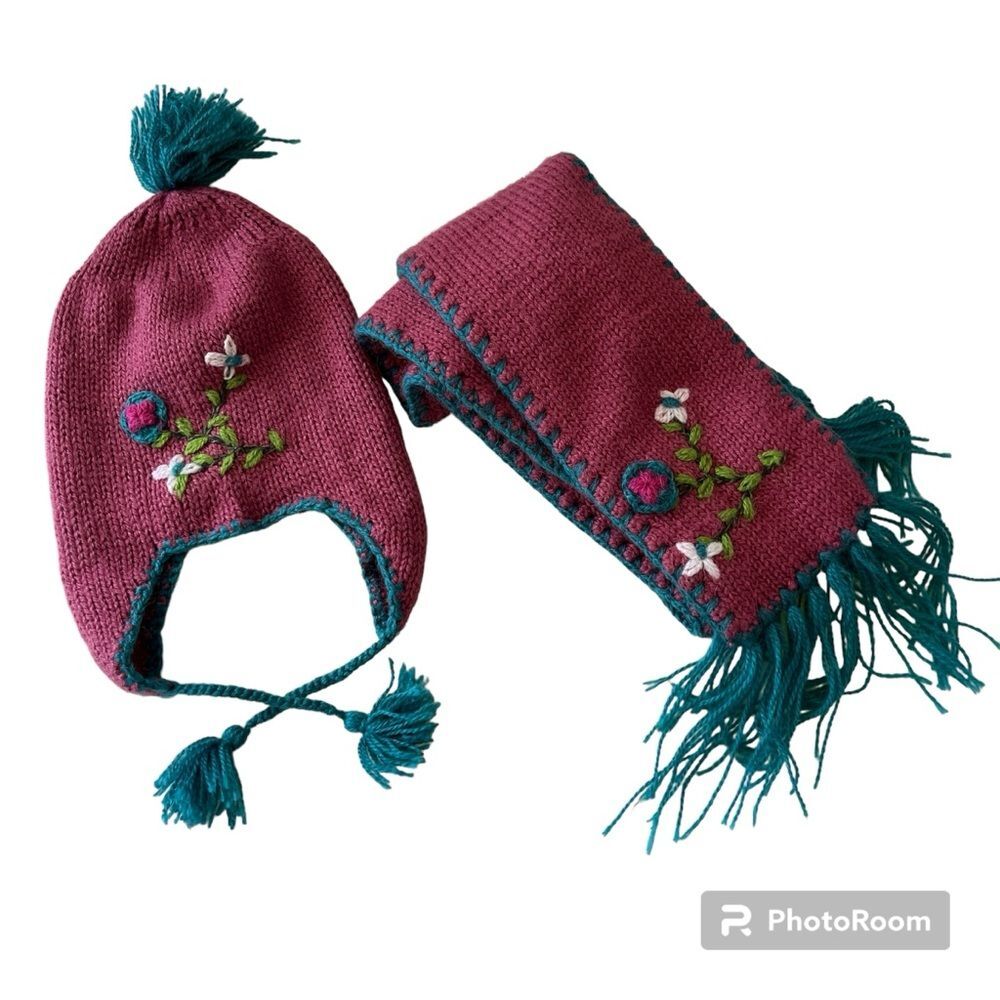 La Llama Ent Kids Hat & Scarf Set Pink Blue Alpaca Blend
